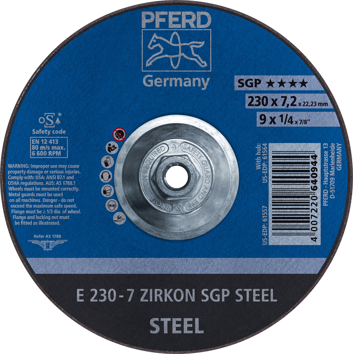 9" x 1/4 Grinding Wheel, 5/8-11 Thd. ZIRKON SGP STEEL - Type 27